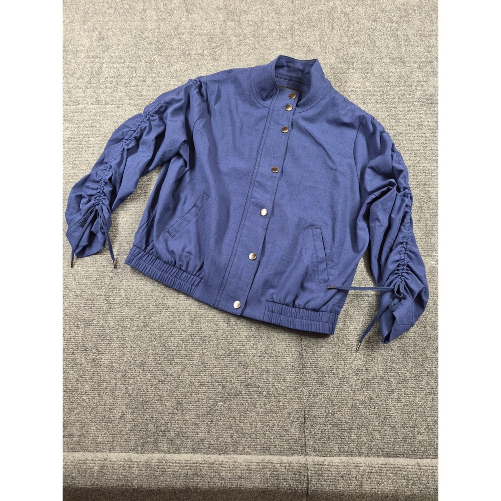 Liverpool Los Angeles Blue Ruched Sleeve Bomber Jacket Mock Neck Snap Front L